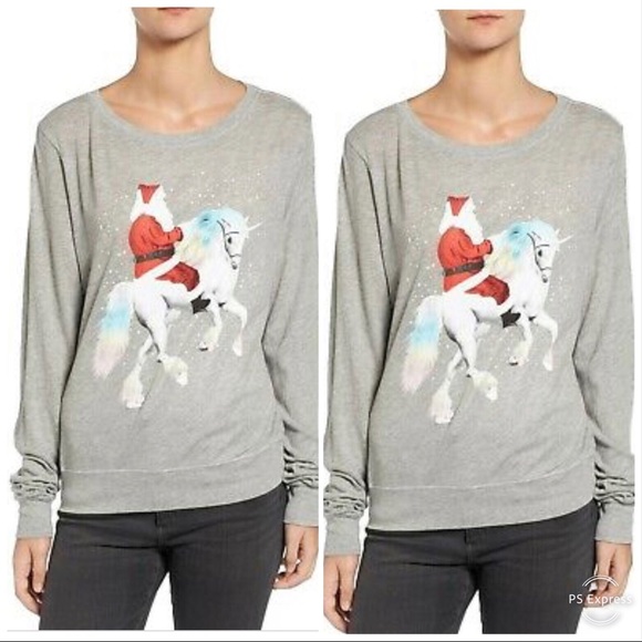 WILDFOX UNICORN SLEIGH GRAY SANTA GRAPHIC TEE - Picture 1 of 4